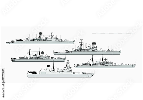 British guided missile destroyers.  Side view. Vector template for illustration.
