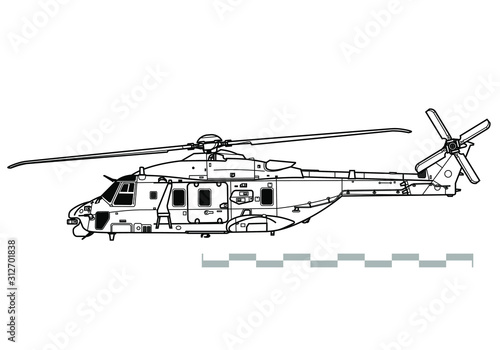 NHIndustries NH90. Vector drawing of military helicopter. Side view. Image for illustration.