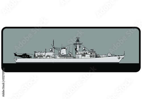 Royal Navy. Type 23 Duke-class frigate. Side view. Vector template for illustration