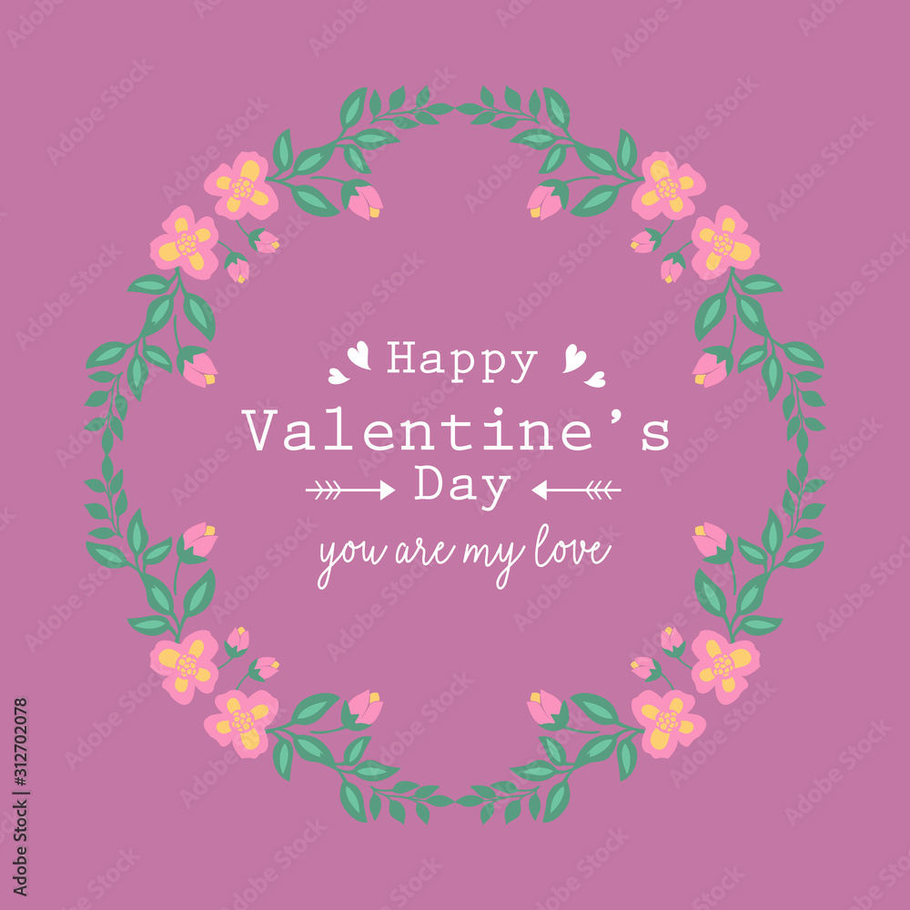 Elegant greeting card for happy valentine, with seamless ornate leaf floral frame. Vector