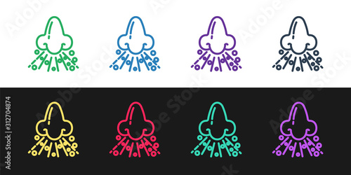 Set line Runny nose icon isolated on black and white background. Rhinitis symptoms, treatment. Nose and sneezing. Nasal diseases. Vector Illustration