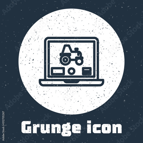 Grunge line Laptop application for control a autonomous tractor on a smart farm icon isolated on grey background. Smart agriculture implement. Monochrome vintage drawing. Vector Illustration
