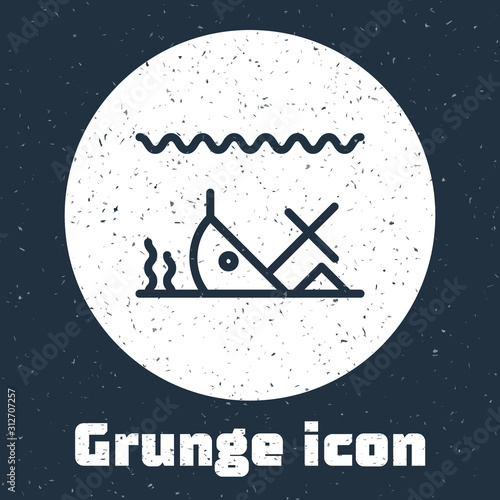 Grunge line Sunken ship at the bottom of the sea icon isolated on grey background. Monochrome vintage drawing. Vector Illustration