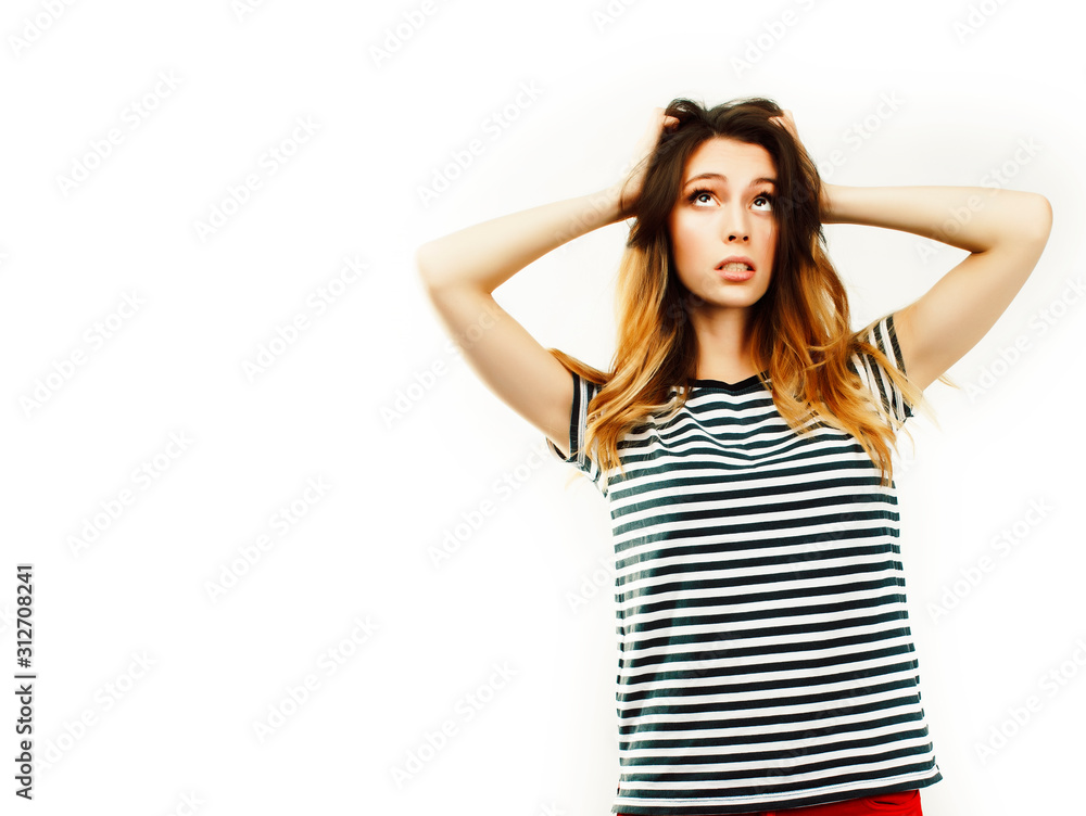 young pretty teenage hipster girl posing emotional happy smiling on white background, lifestyle people concept young pretty teenage hipster girl posing emotional happy smiling on white background, lifestyle people concept