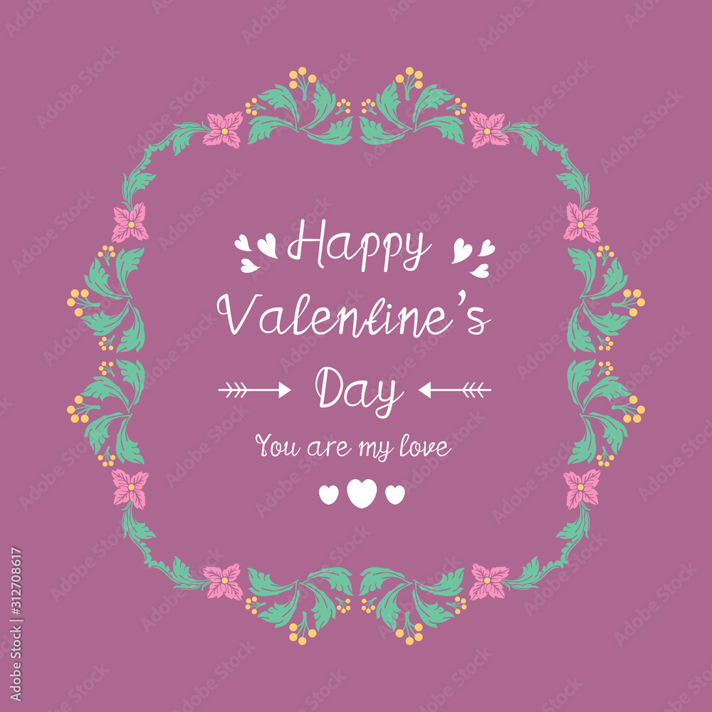 Modern happy valentine greeting card design, with elegant leaf and pink wreath frame. Vector Modern happy valentine greeting card design, with elegant leaf and pink wreath frame. Vector