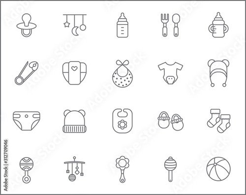 Set of baby and childhood Icons line style. Included the icons as diapers, clothes, mobile toy, hat, baby pins, nappy and more. customize color, stroke width control , easy resize.