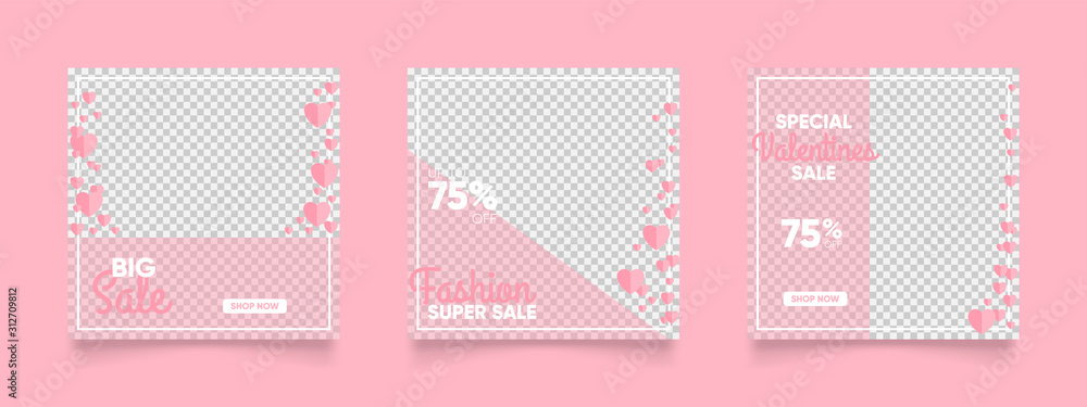 modern social media post template with pink color suitable for valentines sale marketing promo. promotional web banner vector frame.