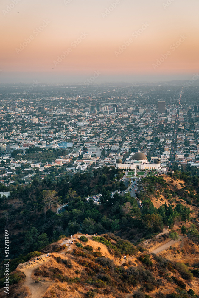 View above Griffith Observatory at sunset, in Griffith Park, Los Angeles, California