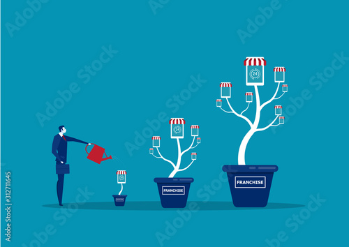 Businessman is watering money tree to grow franchise business. Increasing and growth business flat concept illustration.