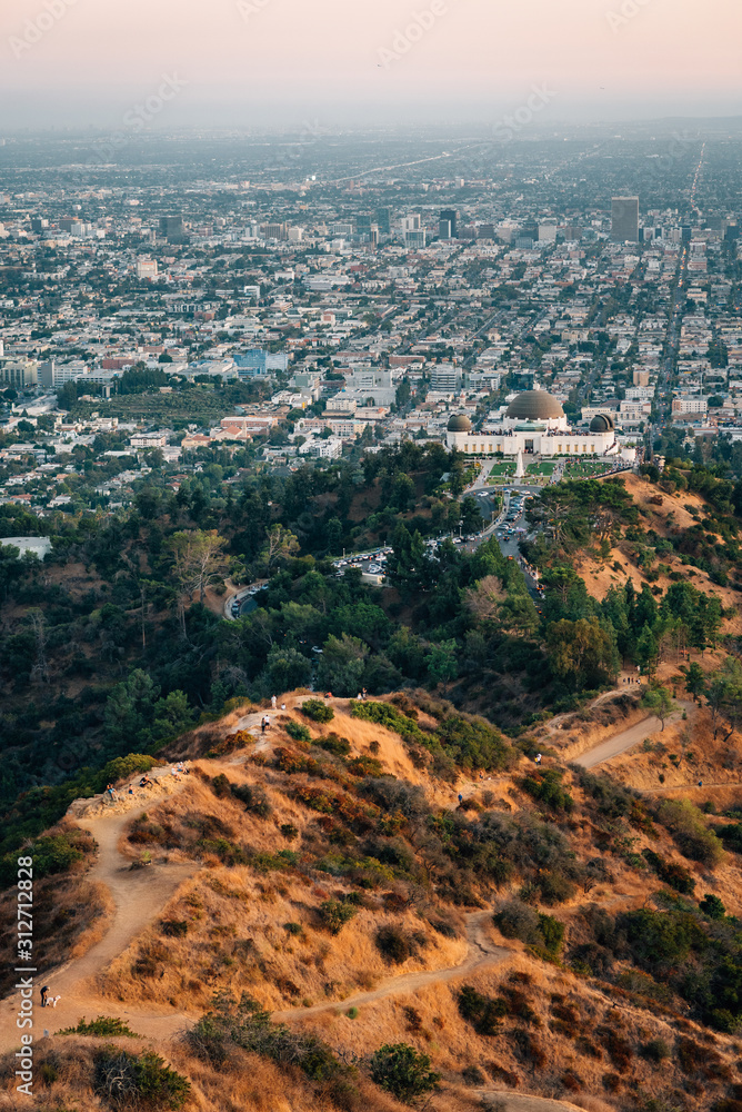 View above Griffith Observatory at sunset, in Griffith Park, Los Angeles, California