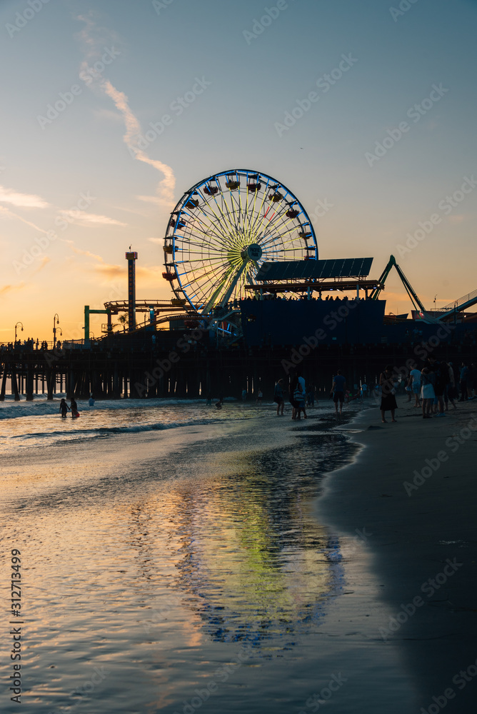 The Santa Monica Pier at sunset, in Los Angeles, California