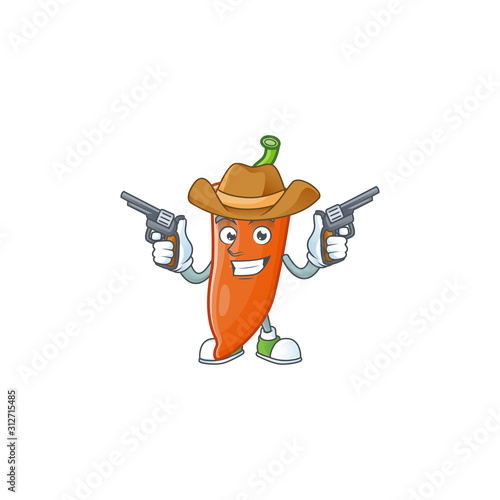 Smiling orange chili mascot icon as a Cowboy holding guns