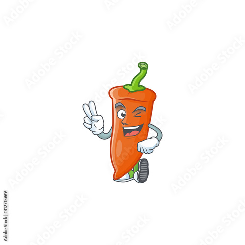 Orange chili cartoon mascot style with two fingers