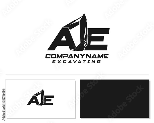 Initial A E excavator logo concept vector with arm excavator template vector.