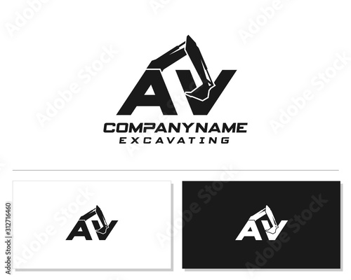 Initial A V excavator logo concept vector with arm excavator template vector.