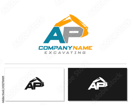 Initial A P excavator logo concept vector with arm excavator template vector.