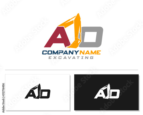 Initial A D excavator logo concept vector with arm excavator template vector.