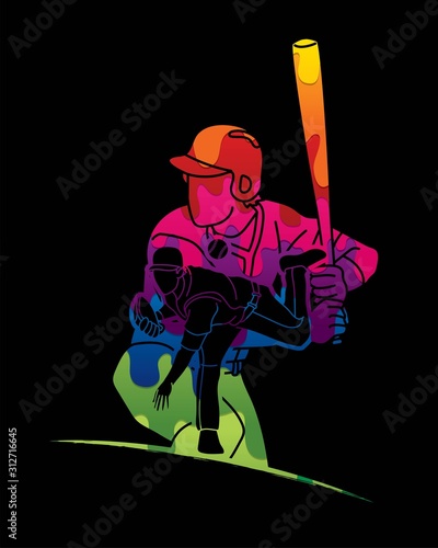 Photography Group of Baseball players action cartoon sport graphic vector.