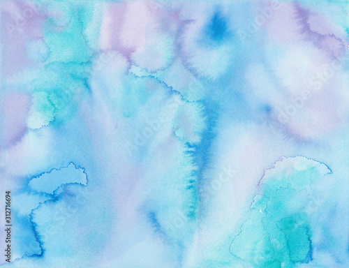 Turquoise blue purple hand-painted splashy watercolor background texture photo