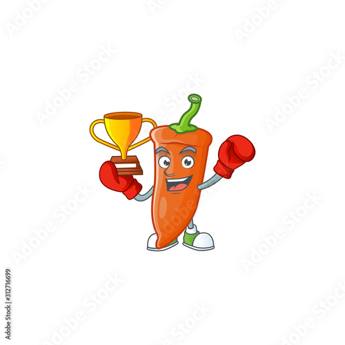 Super cool Boxing winner orange chili in mascot cartoon style