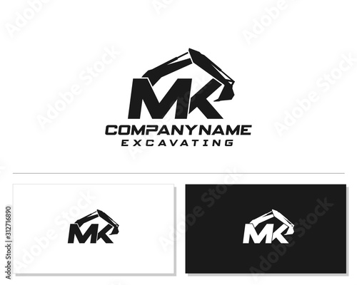 Initial M K excavator logo concept vector with arm excavator template vector.