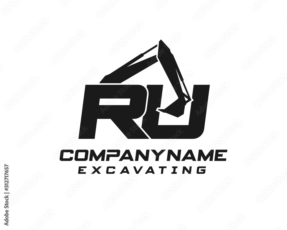 Initial R U excavator logo concept vector with arm excavator template vector. Initial R U excavator logo concept vector with arm excavator template vector.