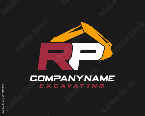 Initial RP excavator logo concept vector with arm excavator template vector.