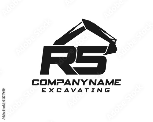 Initial R S excavator logo concept vector with arm excavator template vector.