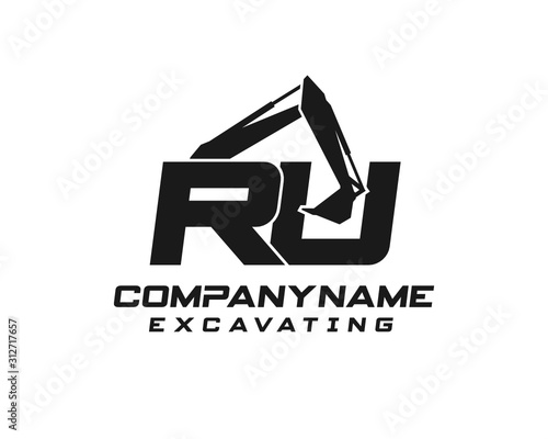 Initial R U excavator logo concept vector with arm excavator template vector.