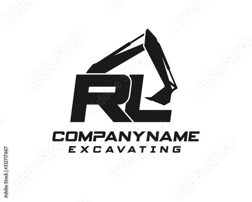 Initial R L excavator logo concept vector with arm excavator template vector.