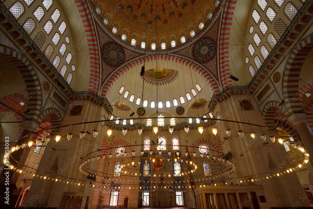 Interior of Suleymaniye Mosque with Qiblah wall chandelier and ceiling dome Istanbul Turkey