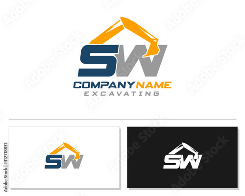 Initial SW excavator logo concept vector with arm excavator template vector.