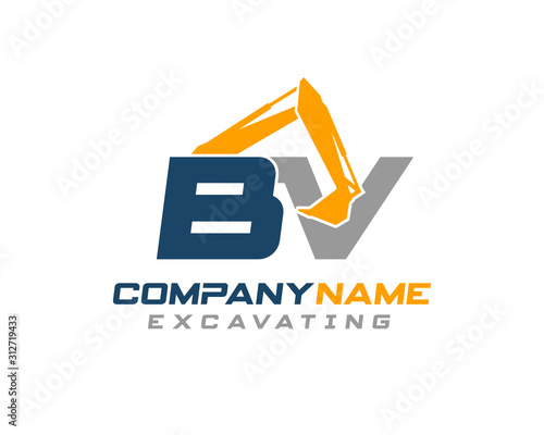 Initial BV excavator logo concept vector with arm excavator template vector.