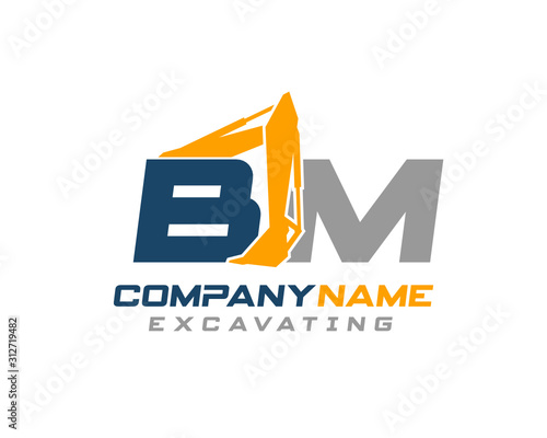 Initial BM excavator logo concept vector with arm excavator template vector.