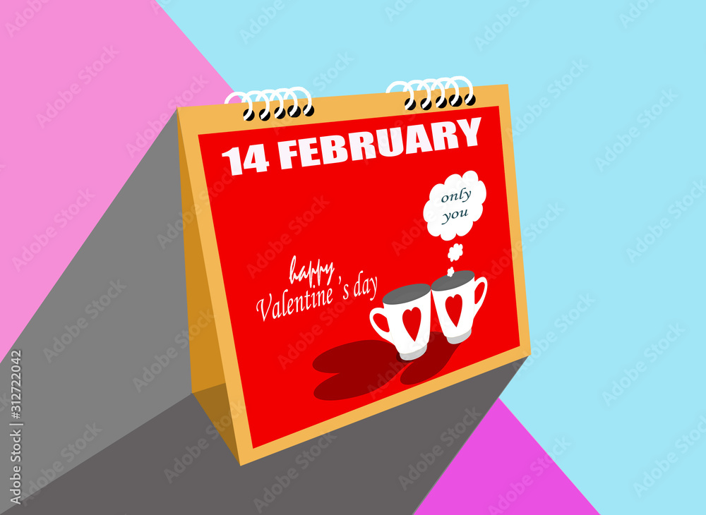 deck calendar at 14 february with red heart on white mug and text Happy Valentines Day. valentine's day concept. deck calendar at 14 february with red heart on white mug and text Happy Valentines Day. valentine's day concept.