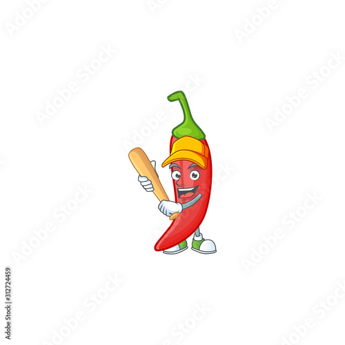 Funny smiling red chili cartoon mascot with baseball
