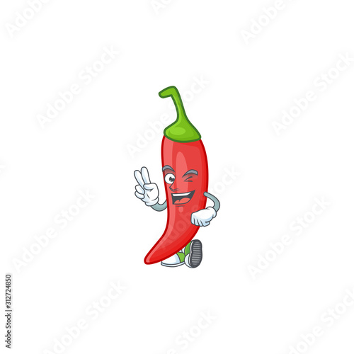 Red chili cartoon mascot style with two fingers
