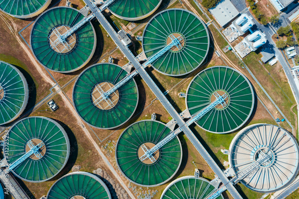Fototapeta premium Drinking Water Treatment aerial top view. Microbiology of drinking water production and distribution