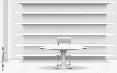 white shelf and table in the library