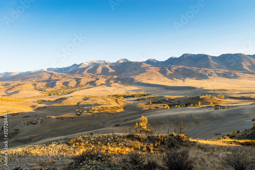 The Kurai steppe is autumn. Chuya River Valley.  Altai Republic of Kurai steppe. Autumn.