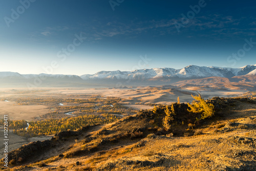 Beautiful valley of the Chuya River near the village of Aktash. Altai Republic district of Ulagan River Chuya.