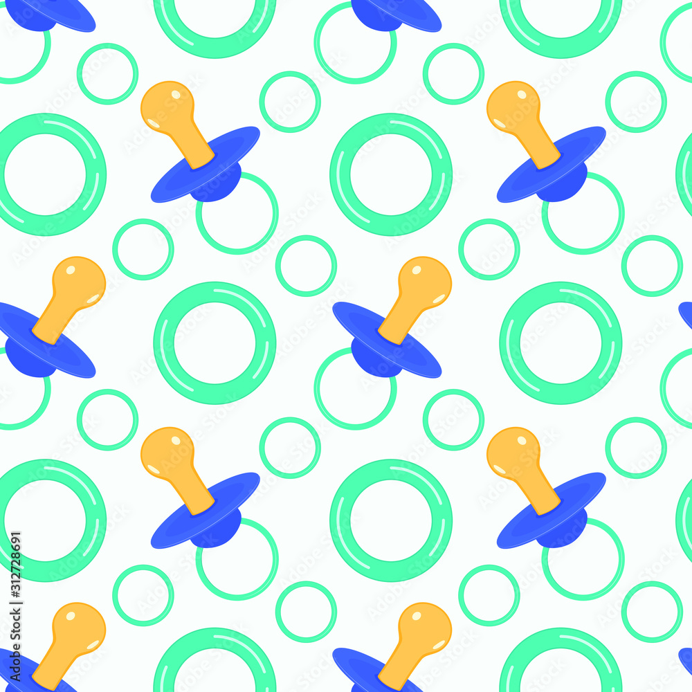 Pacifier and baby tooth ring. Seamless vector pattern. Children's pattern for packaging, design, print clothes Pacifier and baby tooth ring. Seamless vector pattern. Children's pattern for packaging, design, print clothes