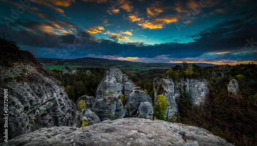 Sunset sunrise at Viewpoint Lvice on Hruba Skala in Bohmisches Paradies, Cesky raj, Czech Republic photo