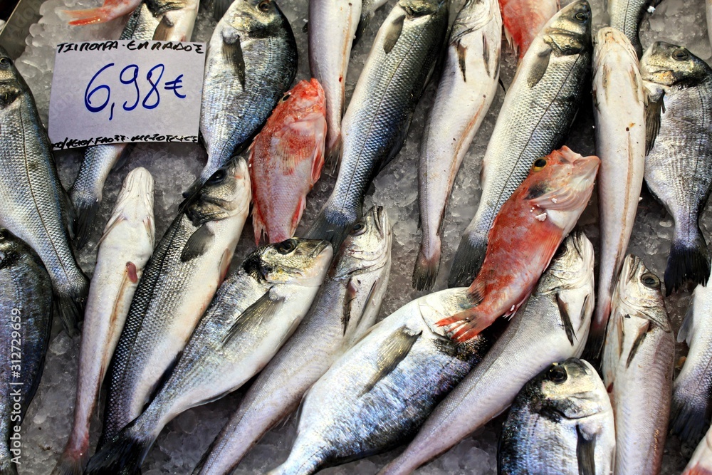 Stall with seafood, selonda, sea breams, at street market in Athens, Greece. Stall with seafood, selonda, sea breams, at street market in Athens, Greece.