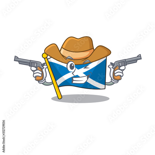 Flag scotland Scroll mascot performed as a Cowboy with guns