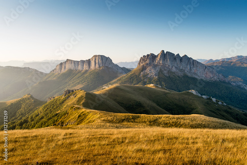 Caucasian mountains of the Republic of Adygea, Krasnodar region. South of Russia. Beautiful foothills of the Caucasus. Thach Nature Park. Achenbuk mountain.