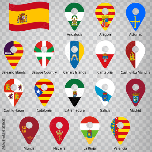 Seventeen flags of the Autonomous Community of Spain - alphabetical order with name.  Set of 2d geolocation signs like flags lands of Spain. Seventeen geolocation signs for your design, logo. EPS10.