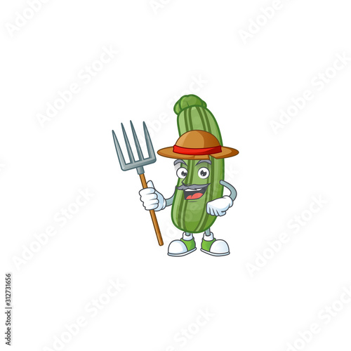 Happy Farmer zucchini cartoon mascot with hat and tools