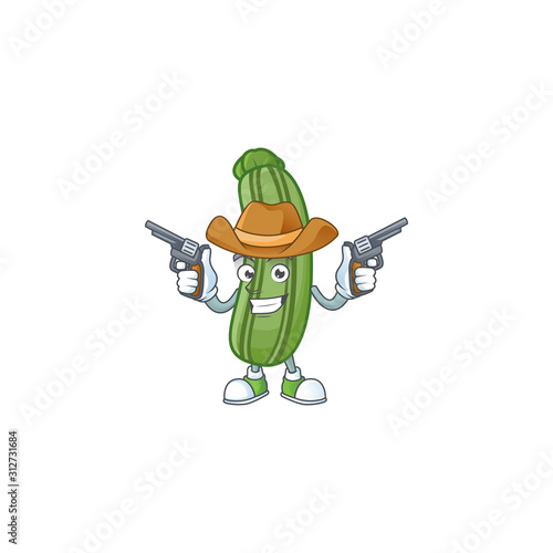 Smiling zucchini mascot icon as a Cowboy holding guns