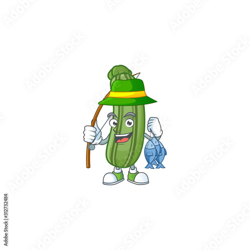 Cheerful face Fishing zucchini mascot design style